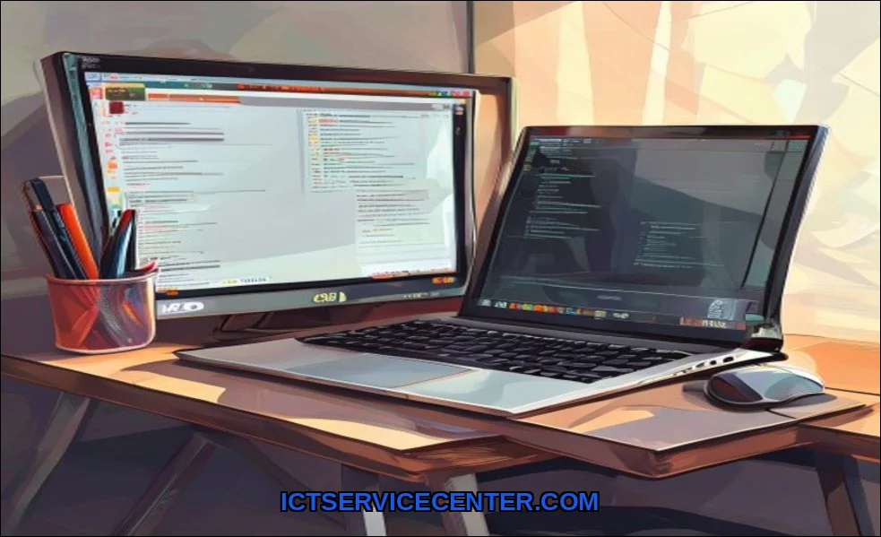 Clean vector illustration of desktop vs laptop for