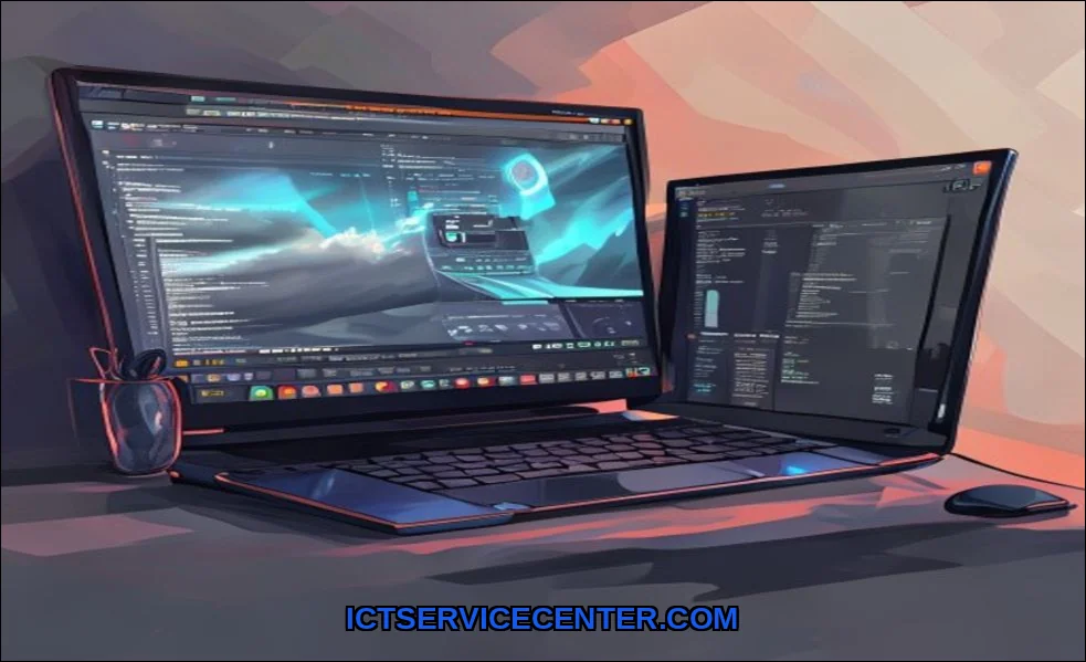 Clean vector illustration of desktop vs laptop for