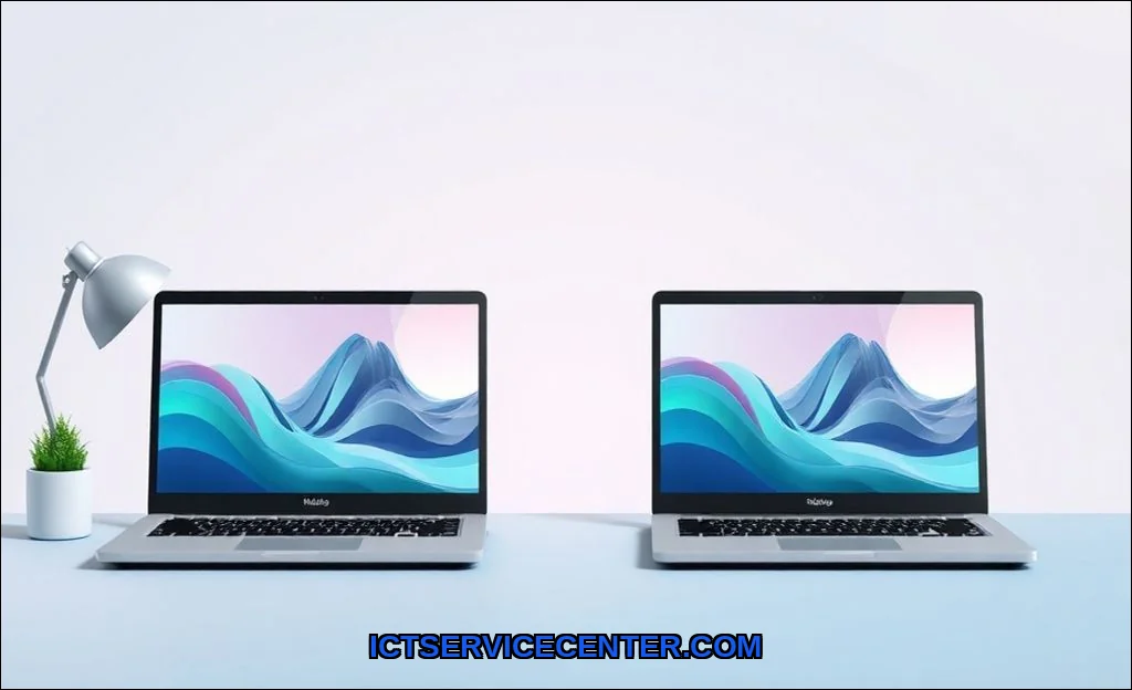 Clean vector illustration of laptop vs desktop: wh