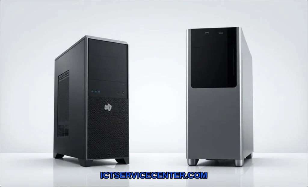 Clean vector illustration of mini pc vs desktop to