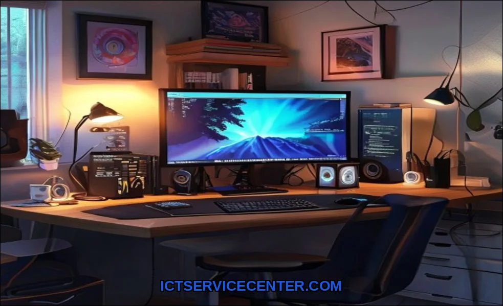 Clean vector illustration of desktop setup for hom