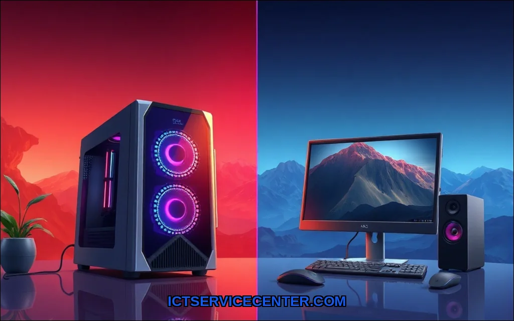 Clean vector illustration of gaming pc vs regular 