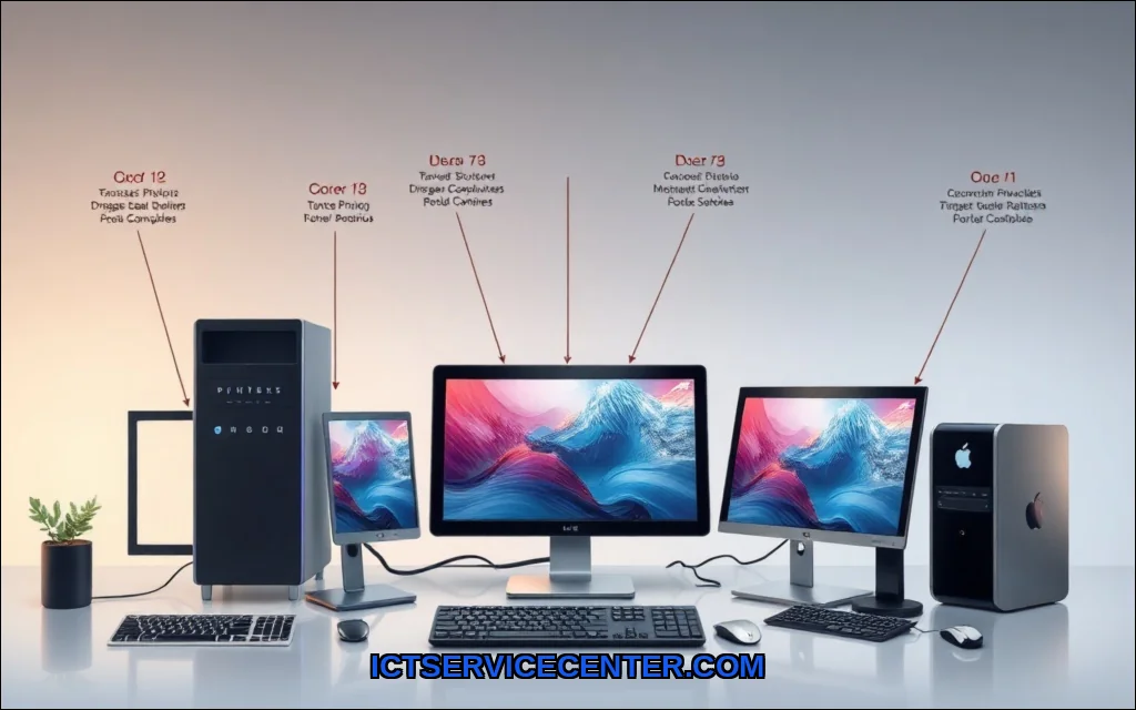 Clean vector illustration of types of desktop comp